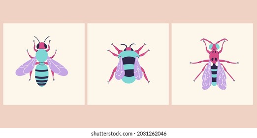 Colorful bees elements collection. Wasp and bumblebee isolated set. Different meadow insects in trendy flat design.