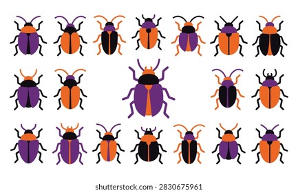 Colorful beetle illustrations in various patterns and colors on white background Vector