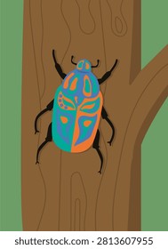 Colorful Beetle on Tree Trunk