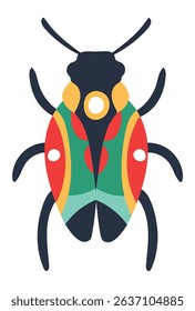 Colorful beetle standing with its wings closed showing vibrant colors, yellow, red, green and blue, with a white background, perfect for children's illustrations or nature related projects