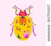 Colorful beetle in traditional Mexican alebrije folk art style featuring vibrant patterns
