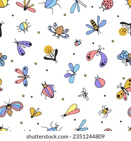 colorful beetles and butterflies, simple line drawing, black outline. Hand drawn, vector, seamless pattern.