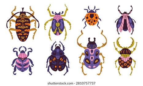 Colorful beetles. Featuring exotic insects, scarabs, ladybugs and decorative bugs in modern flat style, hand drawn items, stylized clipart nature decoration stickers garish vector cartoon isolated set