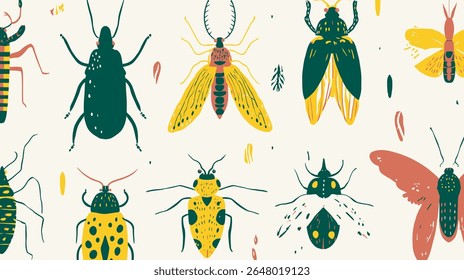 Colorful beetles scatter across a plain background creating a vibrant insect pattern