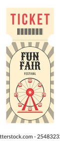 Colorful beige, black, red vintage festival fun fair ticket. Ferris wheel, decorative text fun fair and more details events. Vertical flat vector illustration on white background