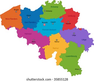 Colorful Belgium map with provinces and main cities