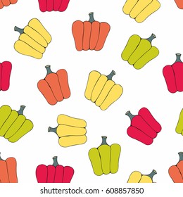 Colorful bell pepper. Vector seamless pattern in the style of a cartoon for the design and decoration of textiles, wallpapers, tiles, kitchen tools, menus and catalogs