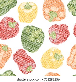 Colorful bell peppers. Seamless pattern. Scratched capsicum texture. Hand drawn vegetables. Healthy lifestyle. Use for wallpaper, pattern fills, web page background.