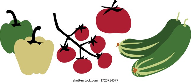 Colorful bell peppers, tomatoes and cucumbers with black stems and leaves isolated on white background
