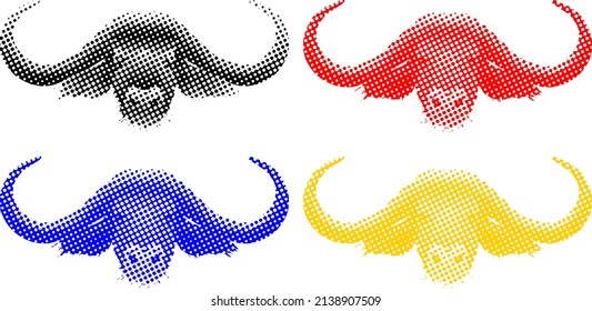 Colorful benday dot imprint of a set of Cape buffalo head with big curve horns isolated against white. Vector illustration.