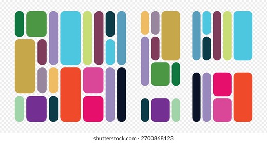 Colorful bento grid layout vector with modern rounded geometric shapes, creative abstract design template on transparent background.