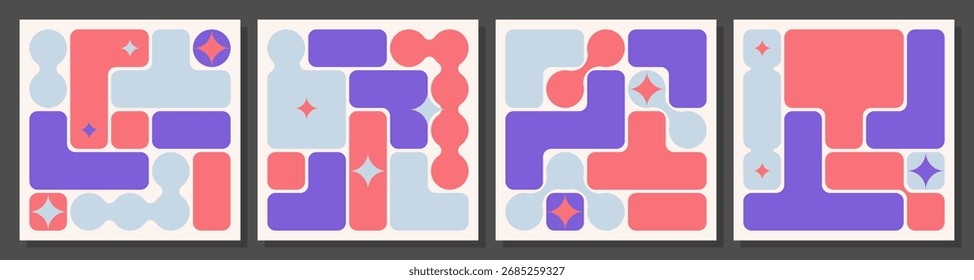 Layouts coloridos de grade bento com retângulos arredondados, círculos e estrelas para designs modernos de interface. Blocos geométricos rosa, roxo e azul dispostos em composições modulares com elementos decorativos