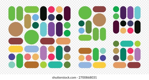 Colorful bento grid template layout vector with rounded geometric shapes, modern abstract design on transparent background.