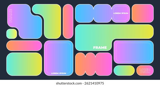 Colorful bento shape frames collection - rounded rectangle blocks, neon gradient borders. Bright holographic liquid colors backgrounds. Trendy abstract graphic templates, ui elements, web page design.