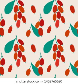 Colorful berberry print. Seamless pattern with branch of orange barberries on a beige background. Berry collection.