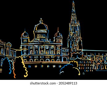 Colorful Bern Panorama Drawing on black. Well crafted vector sketch für private and commercial use.