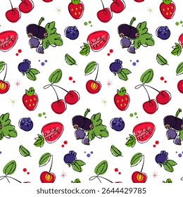 Colorful berries and fruits seamless 50s retro style pattern, hand drawn doodle art for fabric, packaging on transparent background.