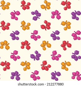 Colorful berries on light beige background. Fruit seamless pattern. Yellow, pink, red and violet gooseberry.