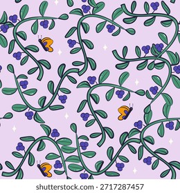 Colorful berry branch seamless pattern. Spring doodle element. Flat vector pattern.