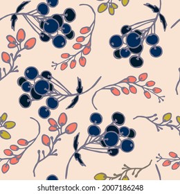 Colorful berry seamless pattern. Isolated stock vector illustration with a clipping mask. Blue, pink and yellow berries on a light background.