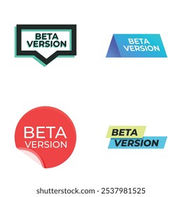 Colorful beta version software release stickers set for product development and testing phase of new app features and user experience update in modern graphic design elements for digital branding and 