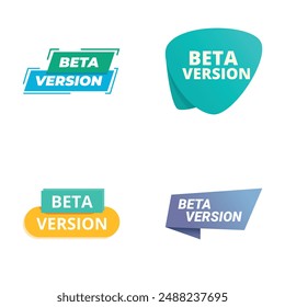 Colorful beta version stickers set for software testing and prerelease sign label vector design development with modern graphic icon in teal. Turquoise. Blue. And purple for branding. Web element