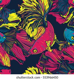 Colorful Betta Fish Seamless Pattern. Siamese Fighting Fish. Betta Splendens. Background Wallpaper 