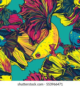 Colorful Betta Fish Seamless Pattern. Siamese Fighting Fish. Betta Splendens. Background Wallpaper 