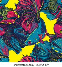 Colorful Betta Fish Seamless Pattern. Siamese Fighting Fish. Betta Splendens. Background Wallpaper 