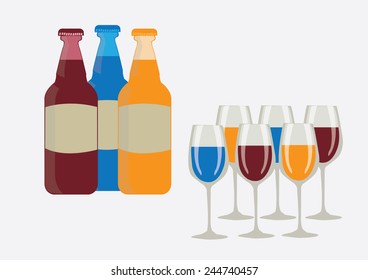 Colorful beverages in glass with blank label bottles. Vector Illustration