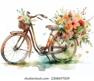 Colorful bicycle decoration with the flower bouquet. Watercolor Female bicycle with a floral basket for your design vector art illustration.