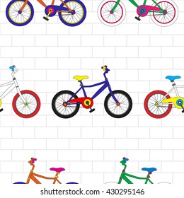 Colorful Bicycle on White Brick Wall Seamless Vector illustration Background