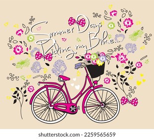 colorful bicycle print pattern consisting of white text and colorful flowers cream background