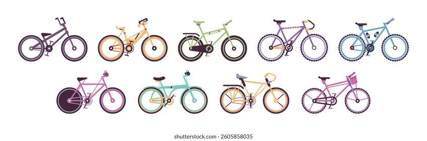 Colorful Bicycles and Bike as Pedal Driven Vehicle Vector Set