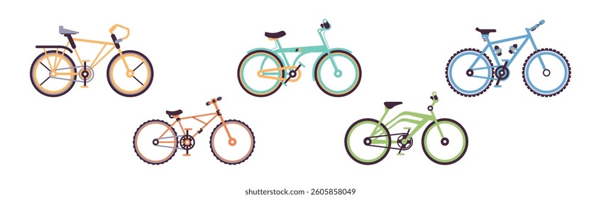 Colorful Bicycles and Bike as Pedal Driven Vehicle Vector Set