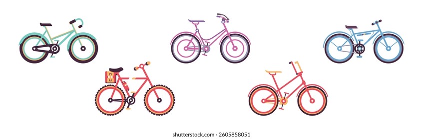 Colorful Bicycles and Bike as Pedal Driven Vehicle Vector Set