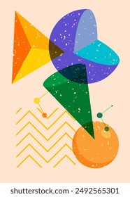 Colorful big geometric shapes. Object in trendy riso graph design. Geometry elements abstract risograph print texture style.