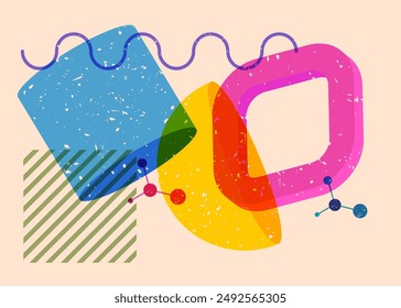 Colorful big geometric shapes. Object in trendy riso graph design. Geometry elements abstract risograph print texture style.