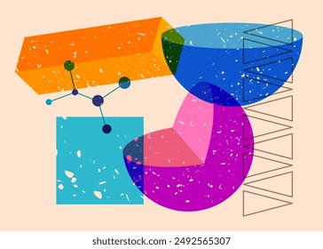 Colorful big geometric shapes. Object in trendy riso graph design. Geometry elements abstract risograph print texture style.