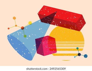 Colorful big geometric shapes. Object in trendy riso graph design. Geometry elements abstract risograph print texture style.