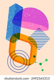 Colorful big geometric shapes. Object in trendy riso graph design. Geometry elements abstract risograph print texture style.