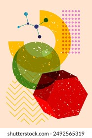 Colorful big geometric shapes. Object in trendy riso graph design. Geometry elements abstract risograph print texture style.