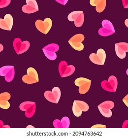 Colorful big hearts on purple-bordo background. Seamless cute pattern. Valentine day, celebration. Suitable for wrapping paper.