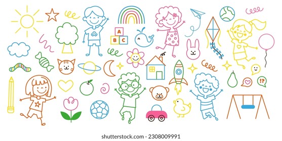 Colorido grande del set Estilo de doodle de icono de dibujos animados para niños. Esbozo de colección de niños, niñas, juguetes, animales. Colorido infantil Jardín de niños. Elementos simples del vector aislados en fondo blanco