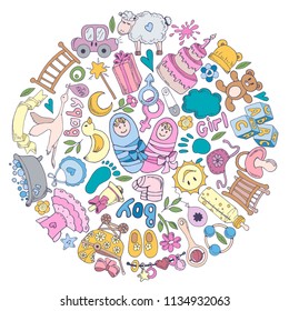 Colorful big set of design elements and hand drawing text on a theme of childhood, baby, vector illustration