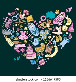Colorful big set of design elements and hand drawing text on a theme of childhood, baby, vector illustration