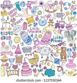 Colorful big set of design elements and hand drawing text on a theme of childhood, baby, vector illustration