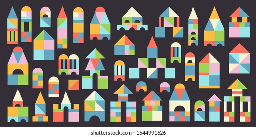 Colorful big set toy bricks, buildings. Game for children. Castles, palaces, towers, arches, many forms, sizes. Vector kids wooden flat style collection isolated on dark background. Geometric forms