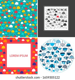 Colorful big set with umbrellas. Seamless pattern, square frame, collection of hand drawn doodle style parasols in blue. Creative concept about individuality - red umbrella among monochrome gray