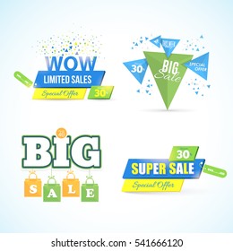 Colorful Big and Super Sale Website Banner Collection. Vector Elements, Web Layout Ad Illustration. Multicolored Business Advertisement Design, Gift Voucher, Creative Different Geometric Shapes Set